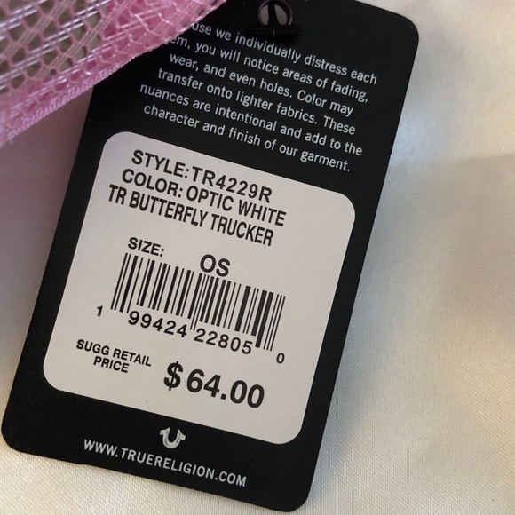 True Religion Optic White & Pink Mesh Butterfly Trucker Hat Rhinestone OS NWT